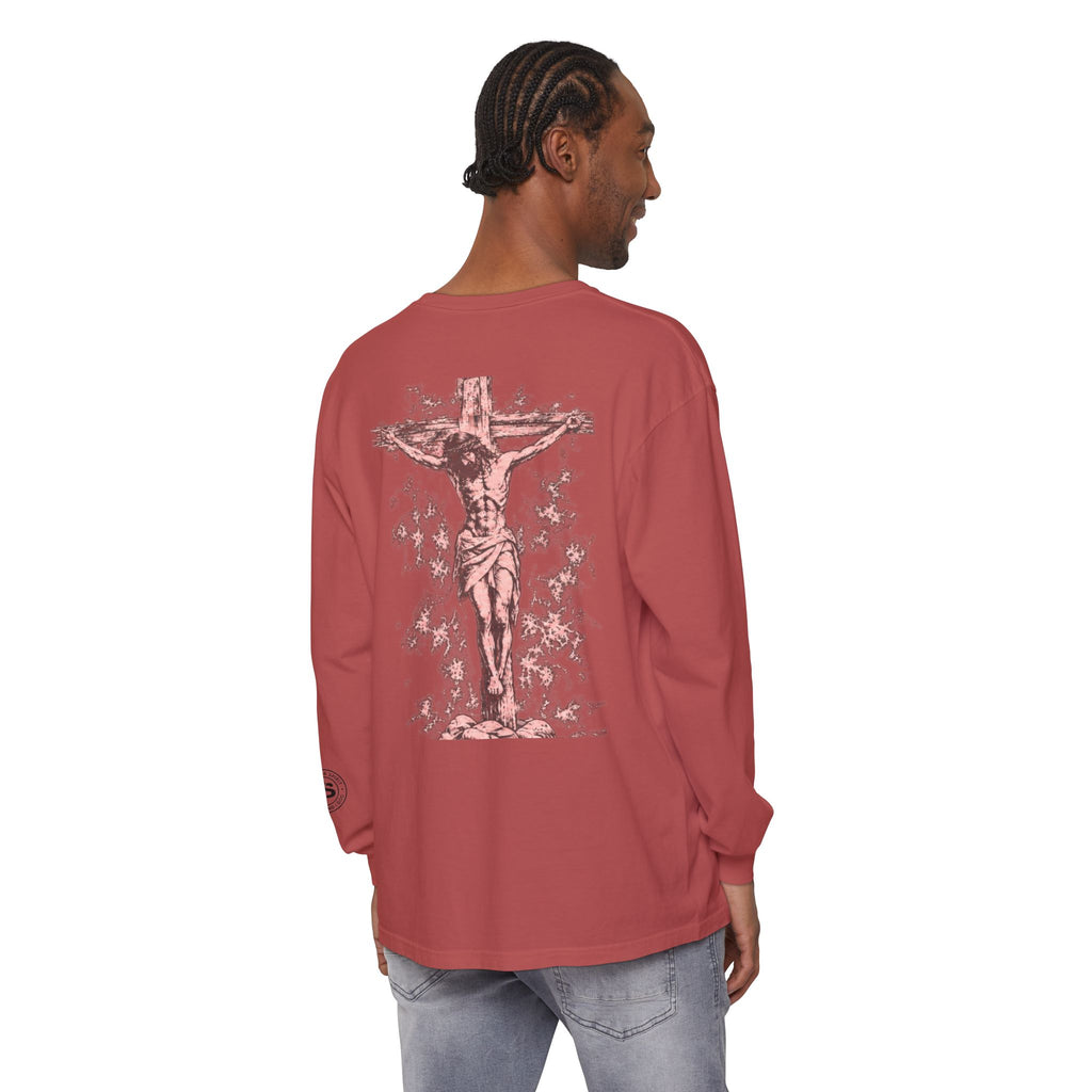Jesus Saves Long-Sleeve T-Shirt — Crucifix Back Graphic Christian Tee