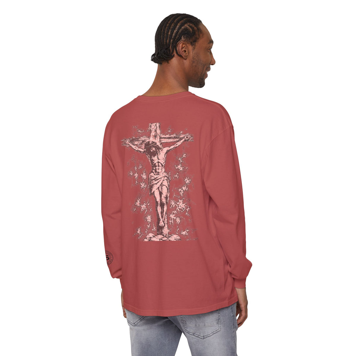 Jesus Saves Long-Sleeve T-Shirt — Crucifix Back Graphic Christian Tee