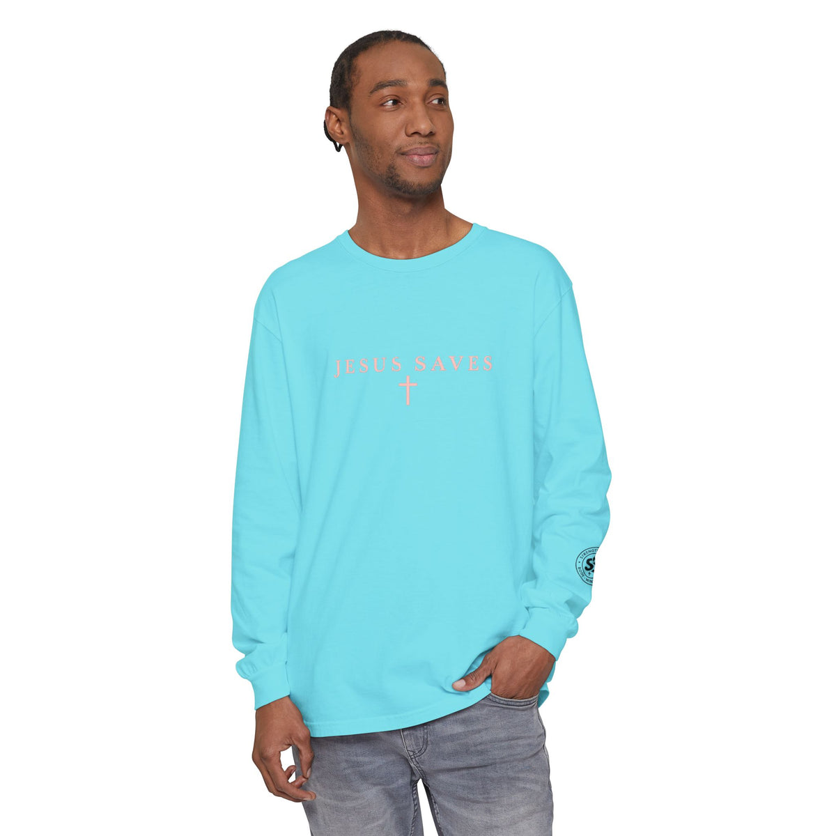 Jesus Saves Long-Sleeve T-Shirt — Crucifix Back Graphic Christian Tee