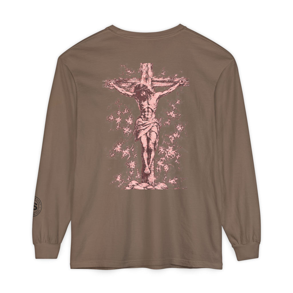 Jesus Saves Long-Sleeve T-Shirt — Crucifix Back Graphic Christian Tee