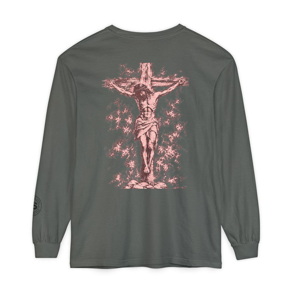 Jesus Saves Long-Sleeve T-Shirt — Crucifix Back Graphic Christian Tee