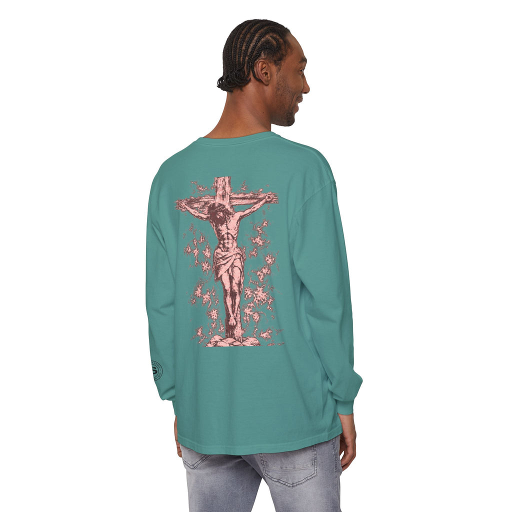 Jesus Saves Long-Sleeve T-Shirt — Crucifix Back Graphic Christian Tee