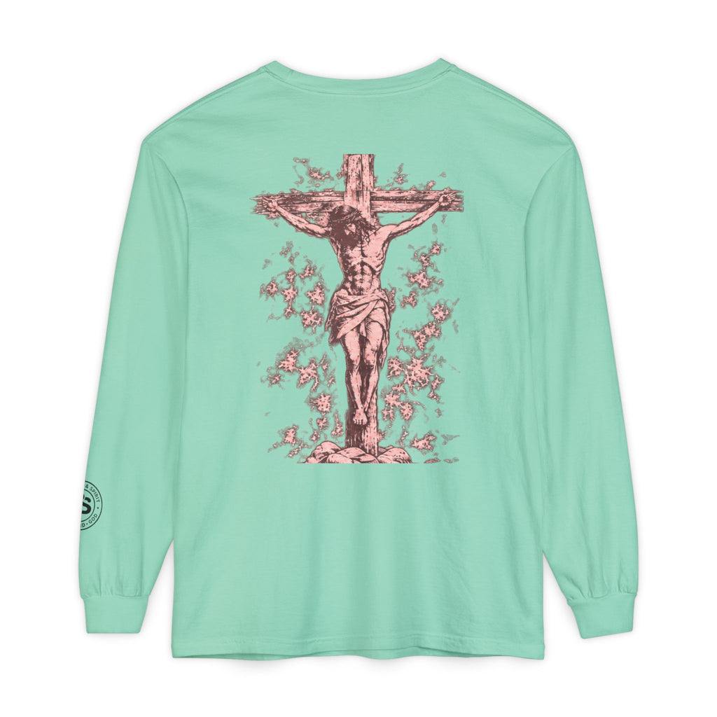 Jesus Saves Long-Sleeve T-Shirt — Crucifix Back Graphic Christian Tee