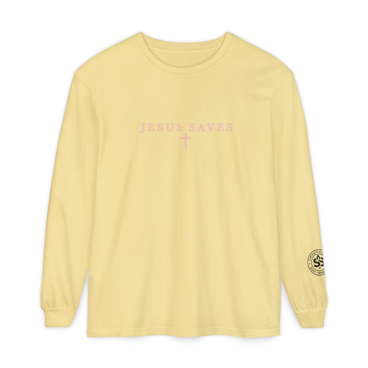 Jesus Saves Long-Sleeve T-Shirt — Crucifix Back Graphic Christian Tee