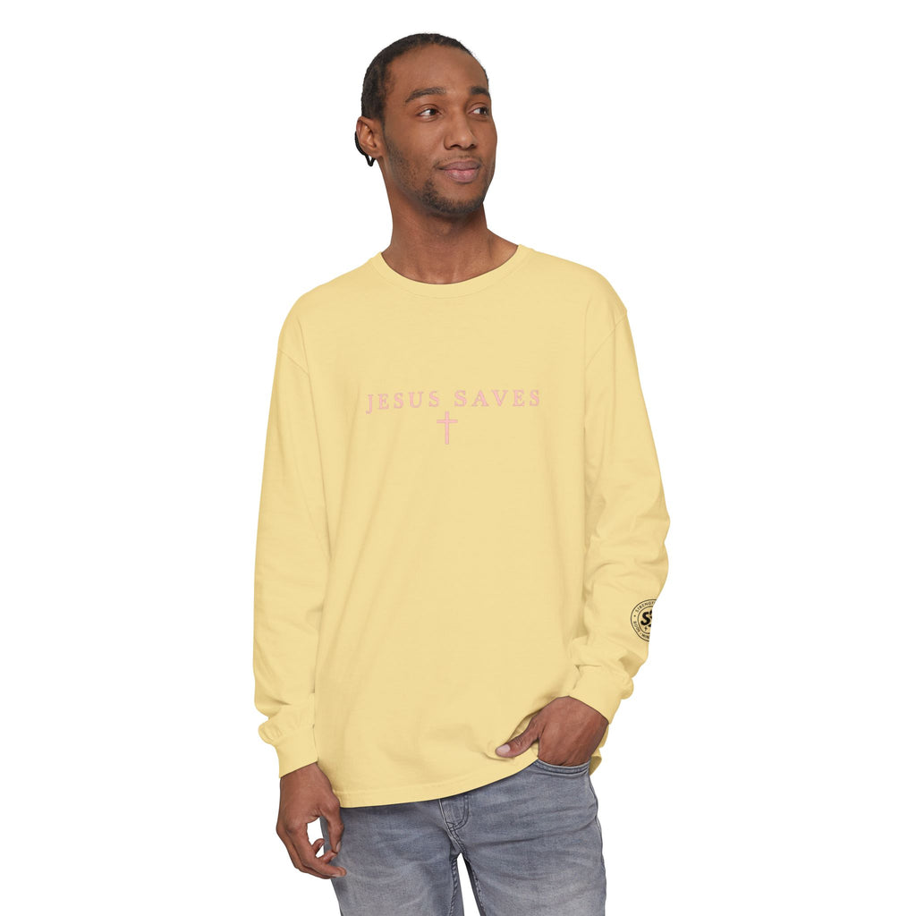 Jesus Saves Long-Sleeve T-Shirt — Crucifix Back Graphic Christian Tee