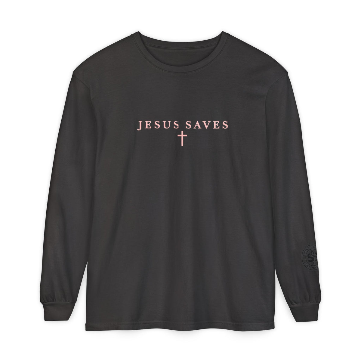 Jesus Saves Long-Sleeve T-Shirt — Crucifix Back Graphic Christian Tee