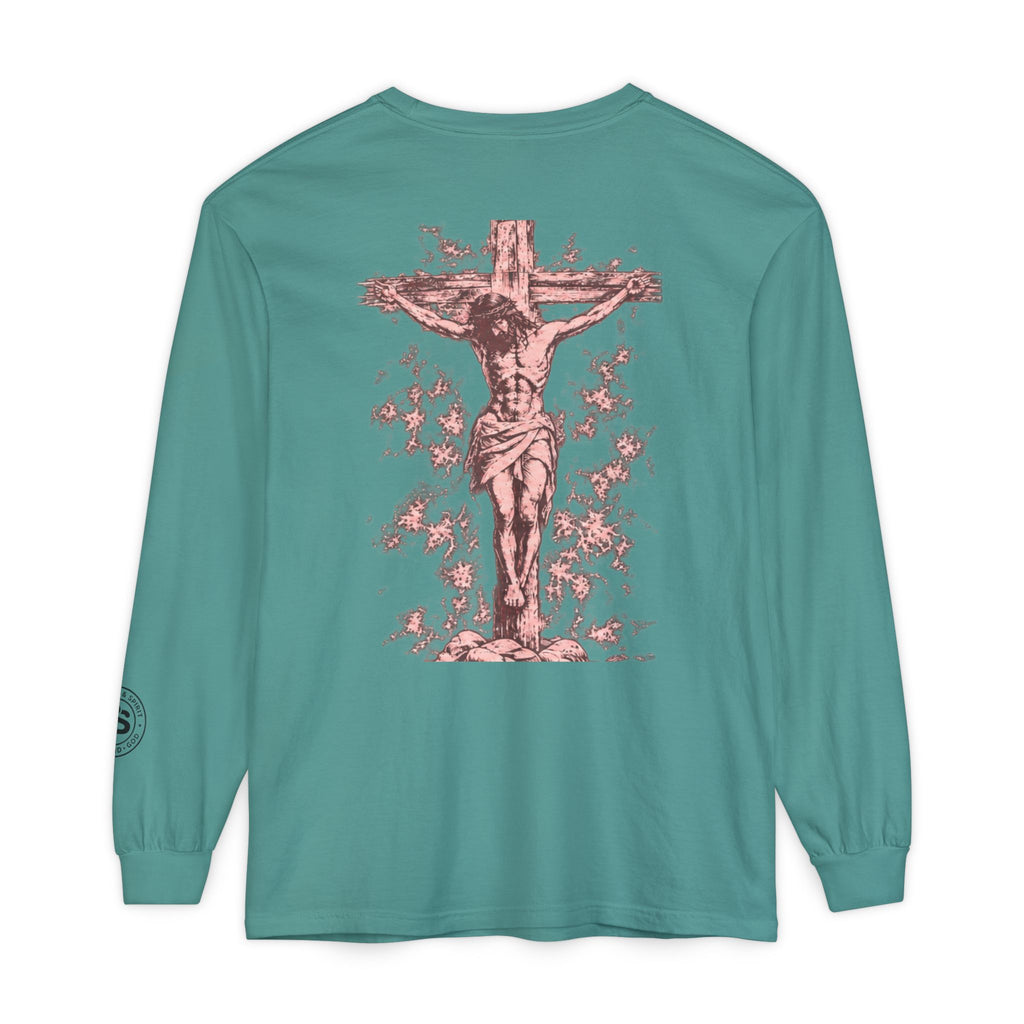 Jesus Saves Long-Sleeve T-Shirt — Crucifix Back Graphic Christian Tee
