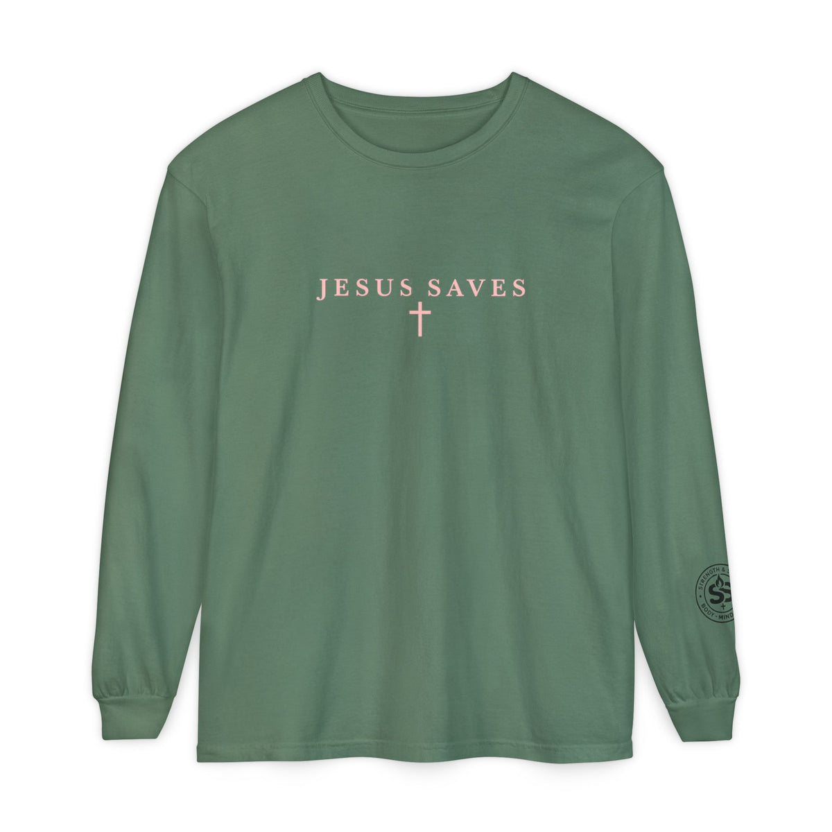 Jesus Saves Long-Sleeve T-Shirt — Crucifix Back Graphic Christian Tee